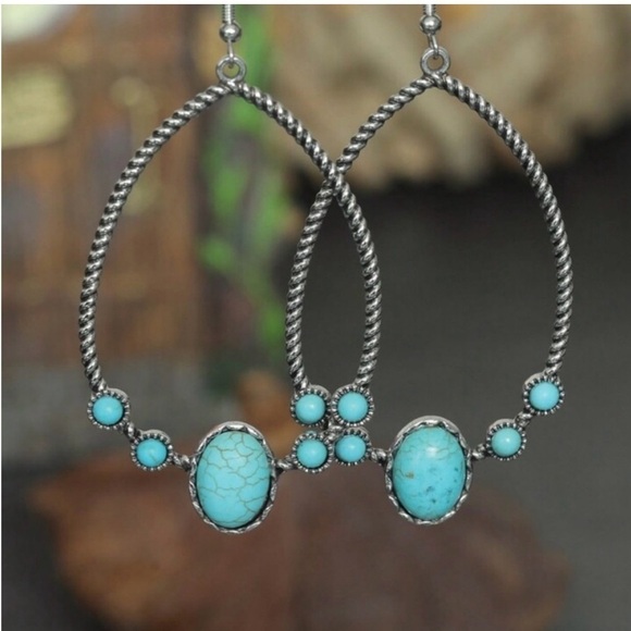 Boho Festival Western Style Water Drop Silver Hook
Turquoise Earrings, NWT - Picture 2 of 7
